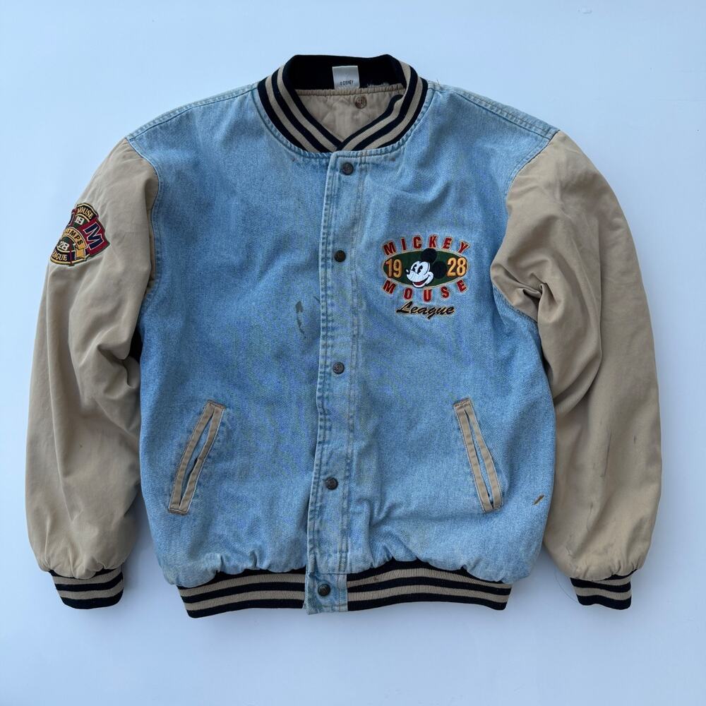 Vintage Disney 1928 Mickey Mouse League Denim Bomber Varsity Jacket Size S/M
